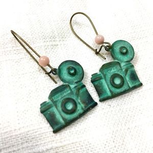 Handmade Mini Antique Camera Brass Patina Earrings